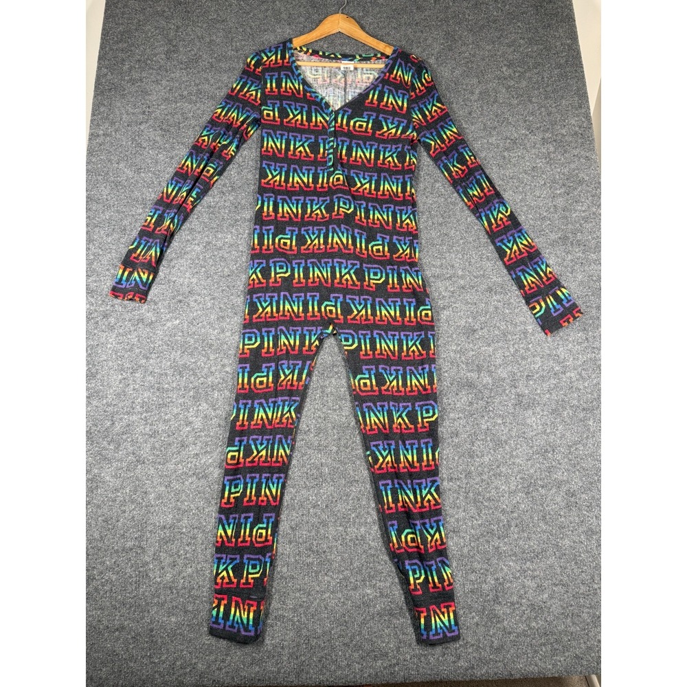 Victoria’s Secret Pink One Piece Pajamas Womens Large Rainbow Logo Sleepwear